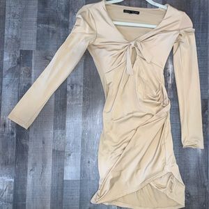 Long Sleeve Tan Deep V Ruched Mini Dress